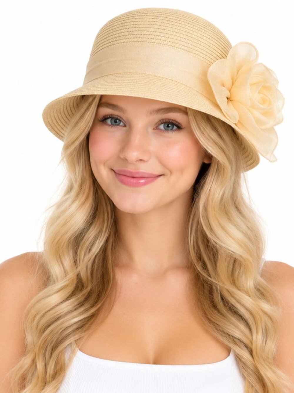 C.C Women's Straw Cloche Hat Wide Brim Floral Flower Summer Sun Beach Dress Hat